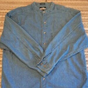 Vintage Men's Denim Button Up Shirt W/Banded Collar, Blue, Large